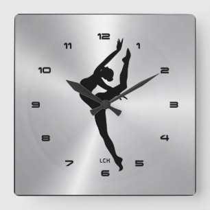 Image of metallic silver With Dancer Shilluette Square Wall Clock