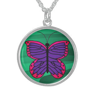 Image of Purple Pink Butterfly on Green Background Sterling Silver Necklace