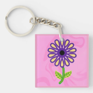 Image of Purple Yellow Green Stem Flower on Pink Keychain