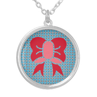Image of Red Bow on Blue Dotted Background Silver Plated Necklace