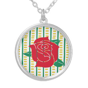 Image of Red Rose on Lined Abstract Background Silver Plated Necklace