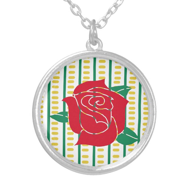 Image of Red Rose on Lined Abstract Background Silver Plated Necklace (Front)