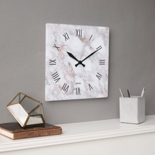 Image of Rose gold marble Roman numerals Square Wall Clock