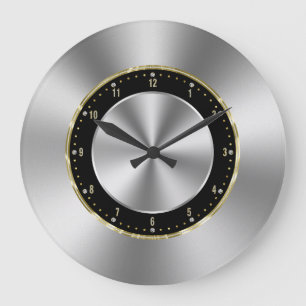 Image of Shiny Faux Silver-Gray Stainless Steel Large Clock
