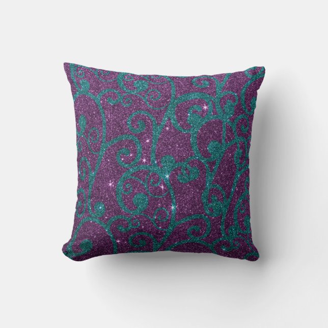 Image of swirly purple and turquoise glitter throw pillow (Front)