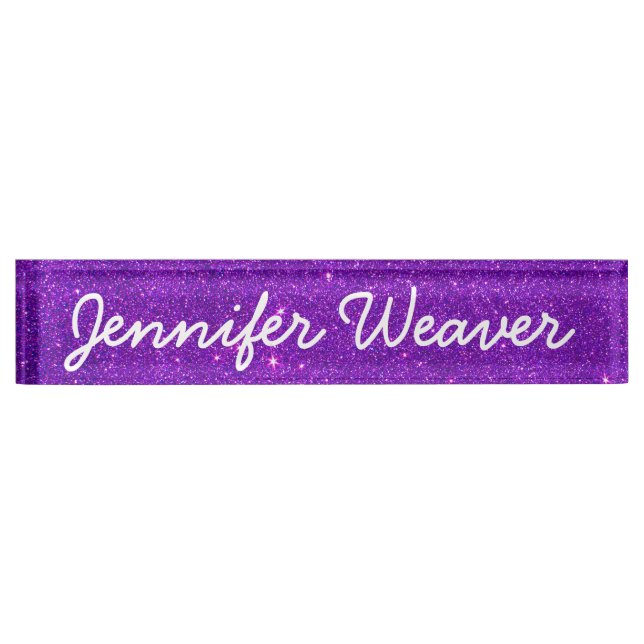Image of Trendy Deep Purple Glitter Desk Name Plate (Front)