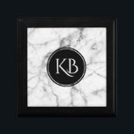 Image Of White & Gray Marble Custom Monogram Keepsake Box<br><div class="desc">Elegant image of white and gray image of marble texture with black circle and customizable monogram.</div>