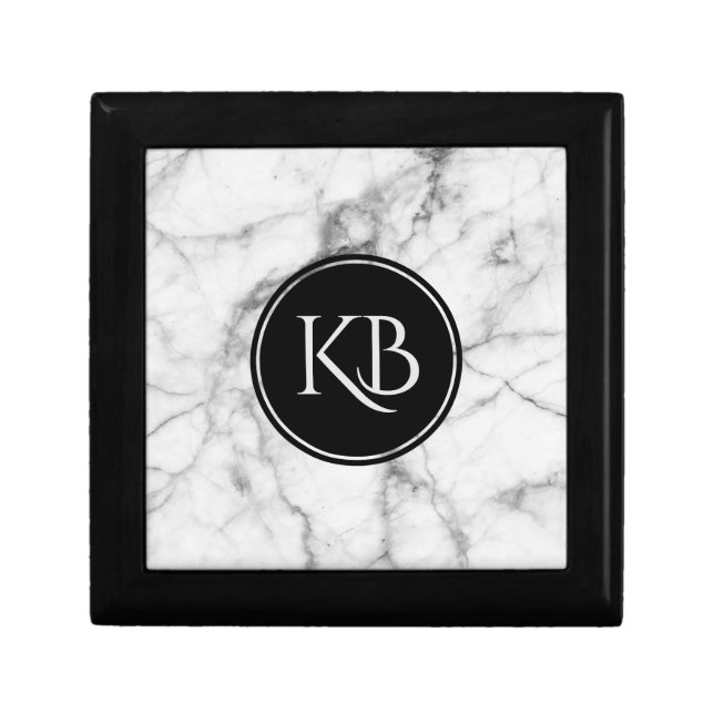 Image Of White & Gray Marble Custom Monogram Keepsake Box (Front)
