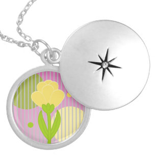 Image of Yellow Tulip on Lined Pink Background  Locket Necklace