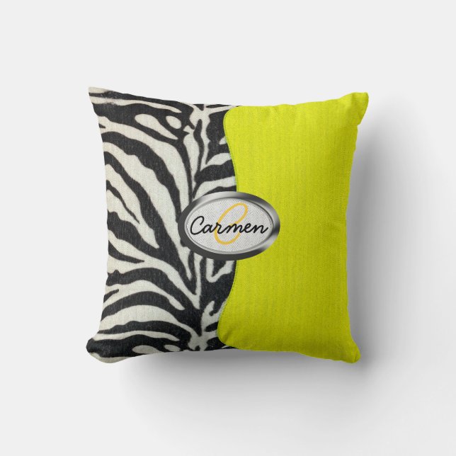 Image of zebra print and neon yellow monogram throw pillow (Front)