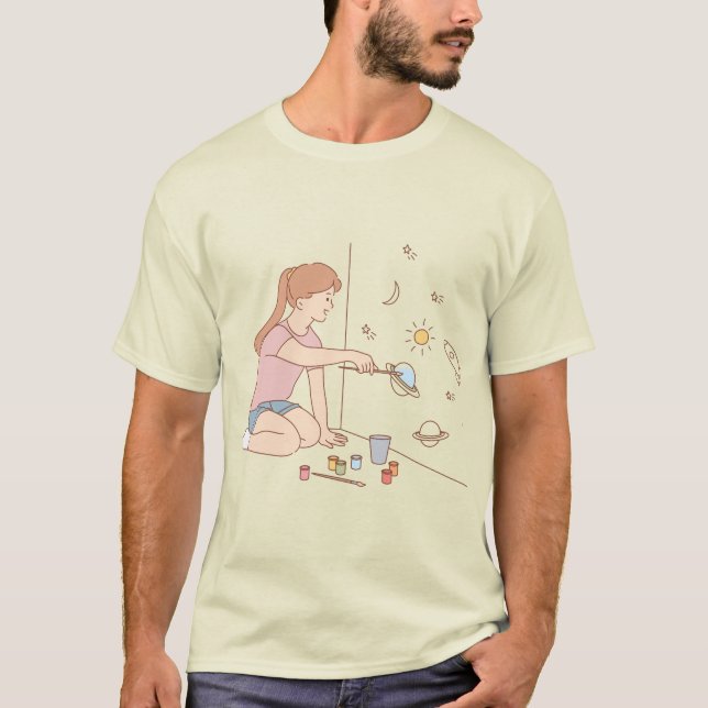 Imaginative Art Girl Painting the Universe T-Shirt (Front)