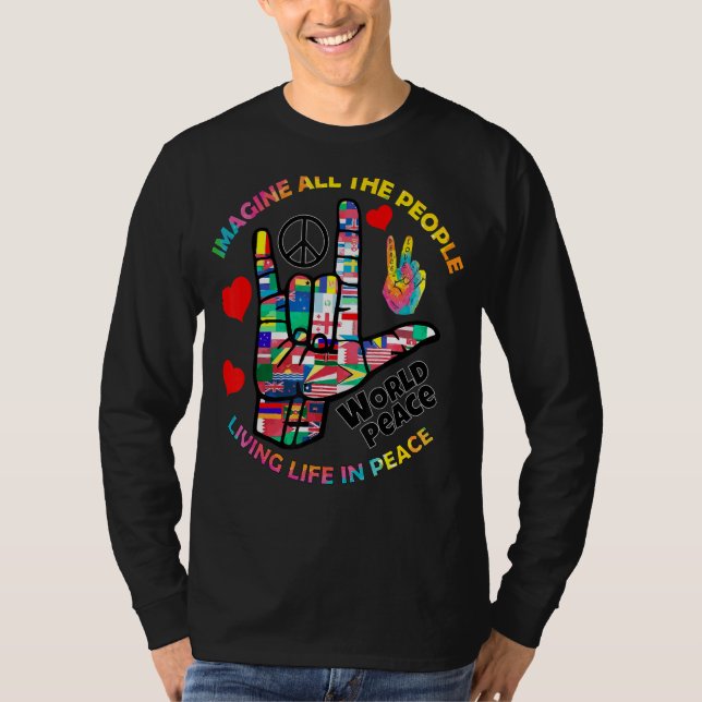 Imagine All People Living Peace Sign Tie Dye Hippy T-Shirt (Front)