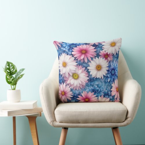 Imagine an illustration of pretty blue pink and  throw pillow