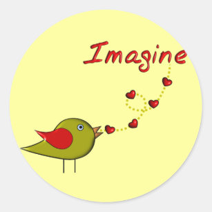 "Imagine" Bird and Hearts Design Classic Round Sticker