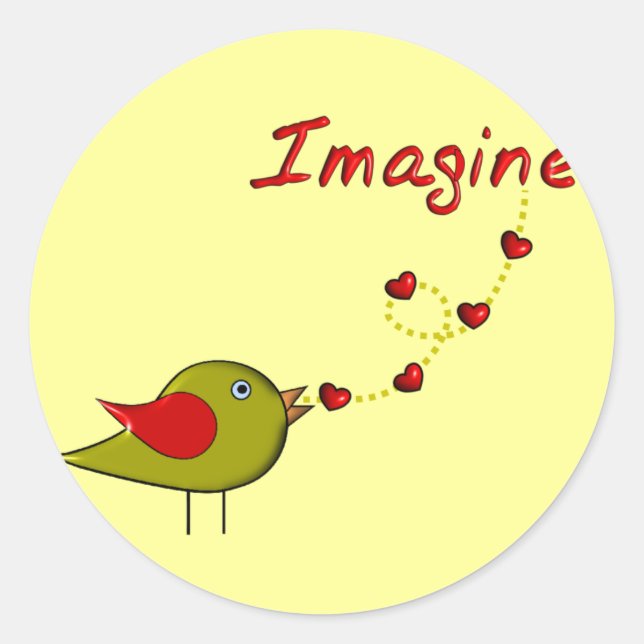 "Imagine" Bird and Hearts Design Classic Round Sticker (Front)