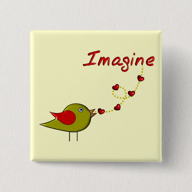 "Imagine" Bird and Hearts Design Pinback Button (Front)