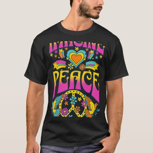 Imagine Peace 70s Retro Hippy Peace Sign 2Dove Bir T_Shirt
