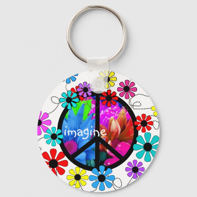 Imagine Peace Symbol and Retro Flowers Keychain | Zazzle