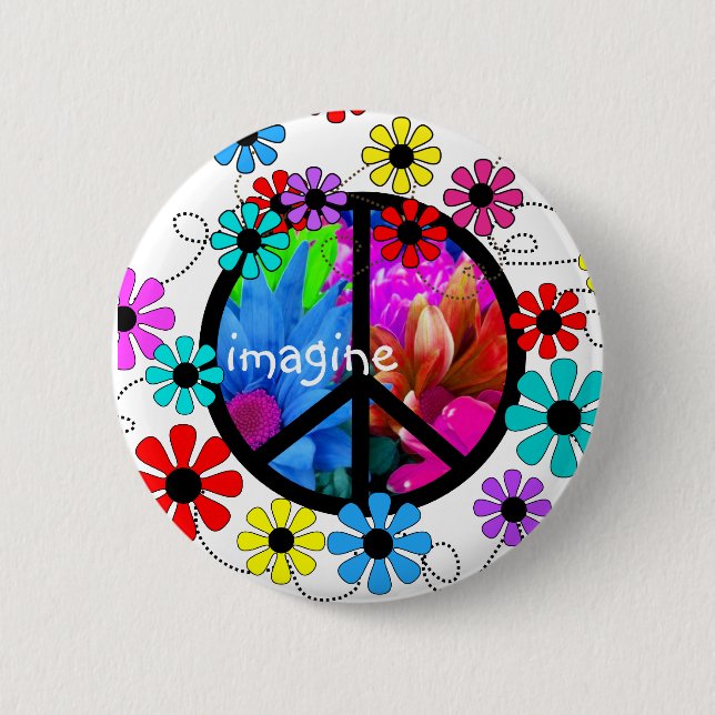 Imagine Peace Symbol and Retro Flowers Pinback Button (Front)