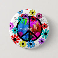 Imagine Peace Symbol and Retro Flowers Pinback Button | Zazzle