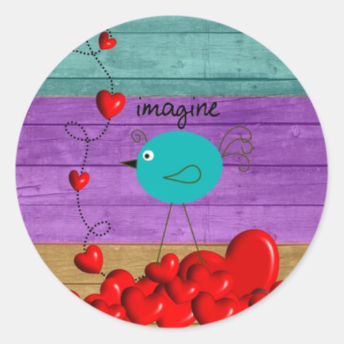 Imagine Retro Bird and Hearts Classic Round Sticker