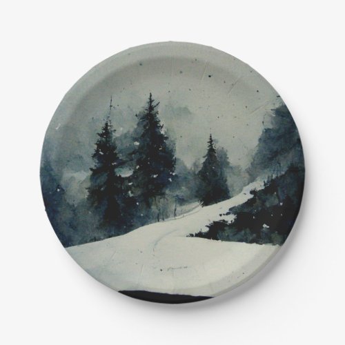 Imagine Watercolor Snowy Scene Winter Paper Plates