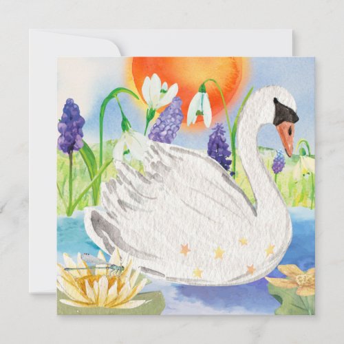 Imbolc Bright Colorful Swan  Snowdrops Floral Holiday Card