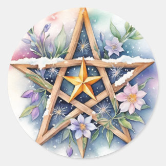 Imbolc Floral Snowy Pentacle Wiccan Holiday Classic Round Sticker