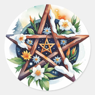 Imbolc Floral Snowy Pentacle Wiccan Holiday Classic Round Sticker