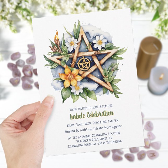 Imbolc Floral Snowy Pentacle Wiccan Holiday Invitation (Imbolc Floral Snowy Pentacle Wiccan Holiday Invitation)