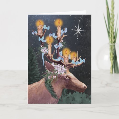 Imbolc Stag Wicca Starry Candlelight Holiday Card