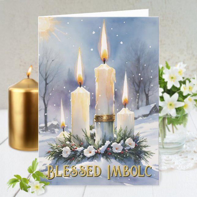 Imbolc Wiccan Winter Floral Wreath Candles Holiday Card (Imbolc Wiccan Winter Floral Wreath Candles Holiday Greeting Card)