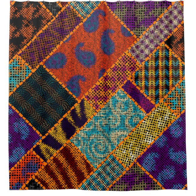 Imitation of indian patchwork pattern with texture shower curtain (Front)