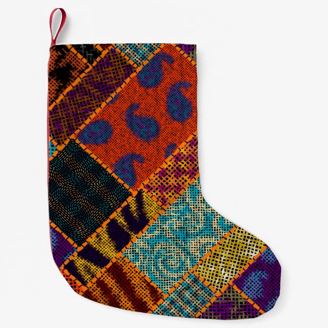 Imitation of indian patchwork pattern with texture small christmas stocking (Front)