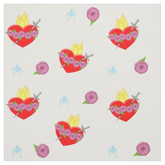 Immaculate Heart of Mary Roses & White Background Fabric (Swatch)