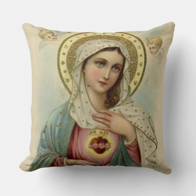 Immaculate Heart Virgin Mary Angels Clouds Throw Pillow (Front)