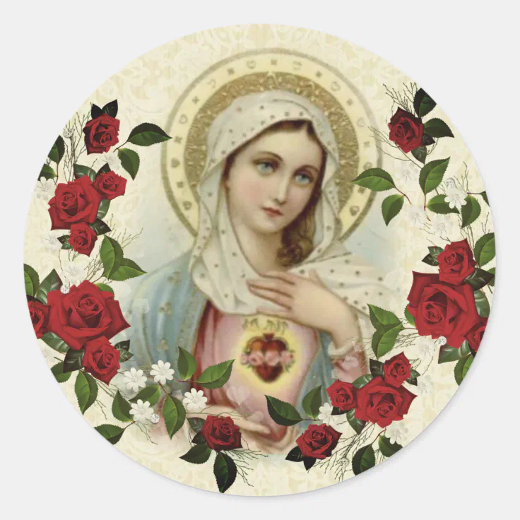 Immaculate Heart Virgin Mary Red Roses Classic Round Sticker