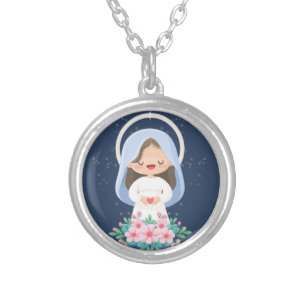 Immaculate Mary Sacred Heart Floral Art Silver Plated Necklace