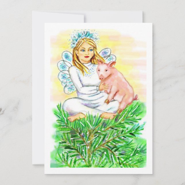 Imogene Christmas Angel Piglet JL Biel Holiday Card (Front)
