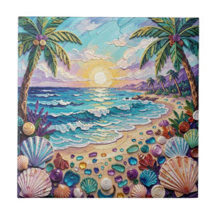 Impasto Beach and Sea Glass Sunset and Palm Trees Ceramic Tile