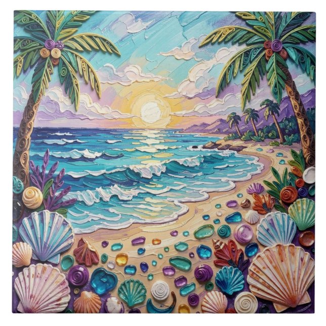 Impasto Beach and Sea Glass Sunset and Palm Trees Ceramic Tile (Front)