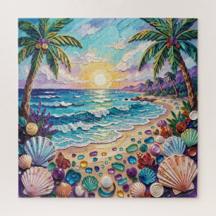 Impasto Beach and Sea Glass Sunset and Palm Trees Jigsaw Puzzle