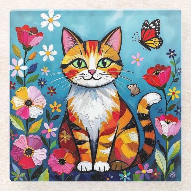 Impasto Cat, Flowers & Butterfly Glass Coaster (Front)