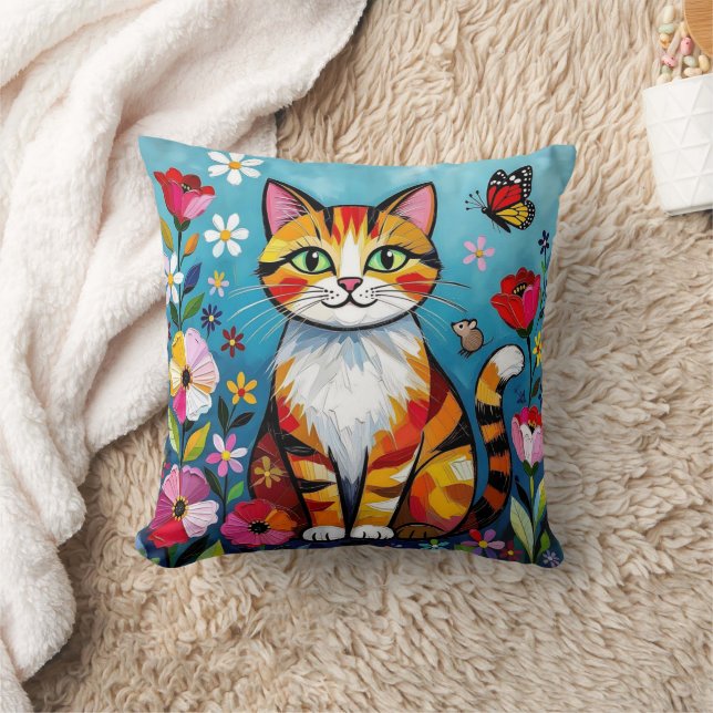 Impasto Cat, Flowers & Butterfly Throw Pillow (Blanket)