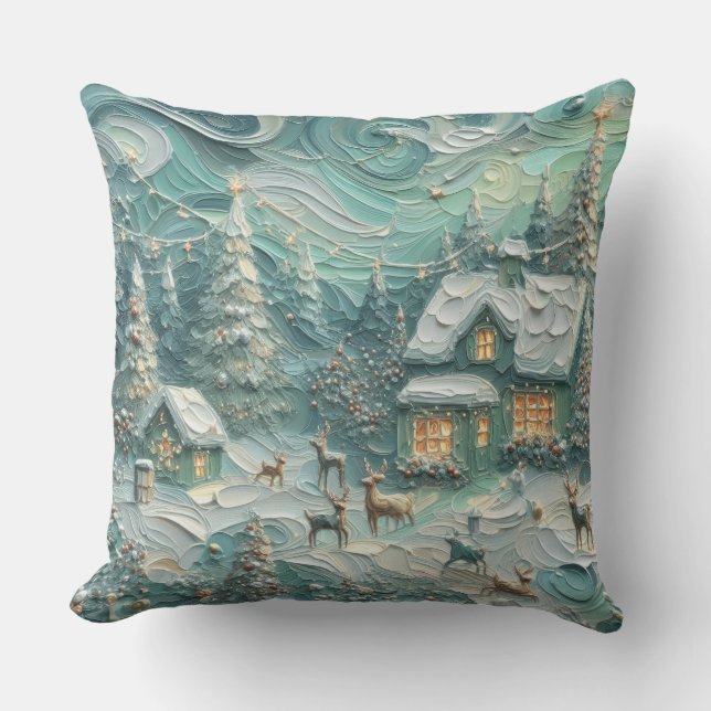 Impasto Christmas Motif Holiday Whimsy Green Throw Pillow (Front)