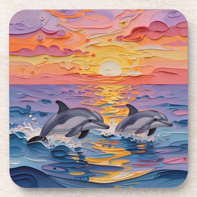 Impasto Dolphins and Ocean Waves   Beverage Coaster (Front)