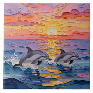 Impasto Dolphins and Ocean Waves Ceramic Tile