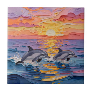 Impasto Dolphins and Ocean Waves   Ceramic Tile