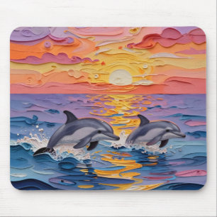 Impasto Dolphins and Ocean Waves Mouse Pad