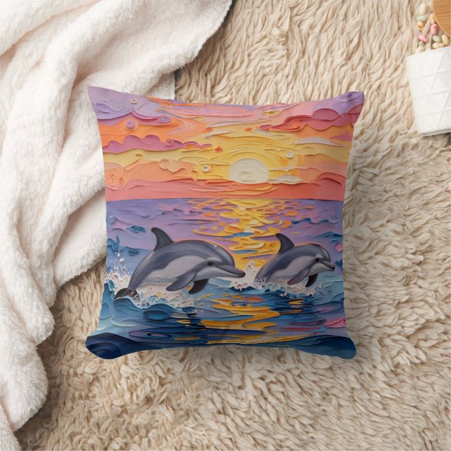 Impasto Dolphins and Ocean Waves   Throw Pillow (Blanket)